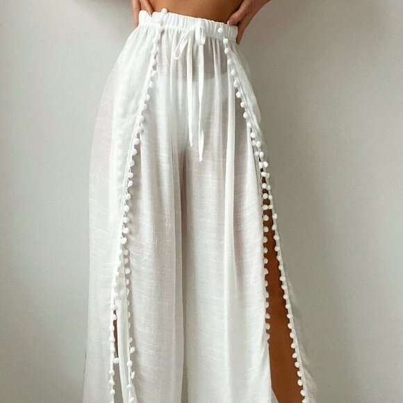 White Boho Women's Beachwear Pom-Pom Trim Tie Front Waist Splice Cover Up Pants - Picture 3 of 4